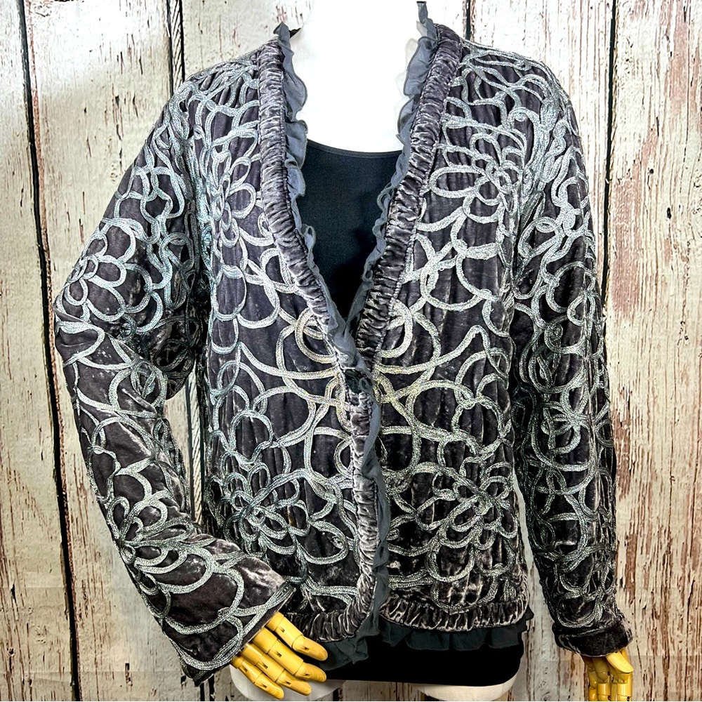Chico’s Keeley Embroidered Silver Metallic Cord Velvet Jacket Size 2 Large EUC